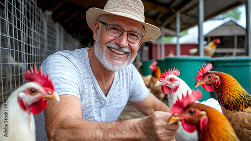 senior man feeding chickens in a coop