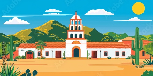 Stock illustration of Mexico landscape, flat design illustration of Mexican summer