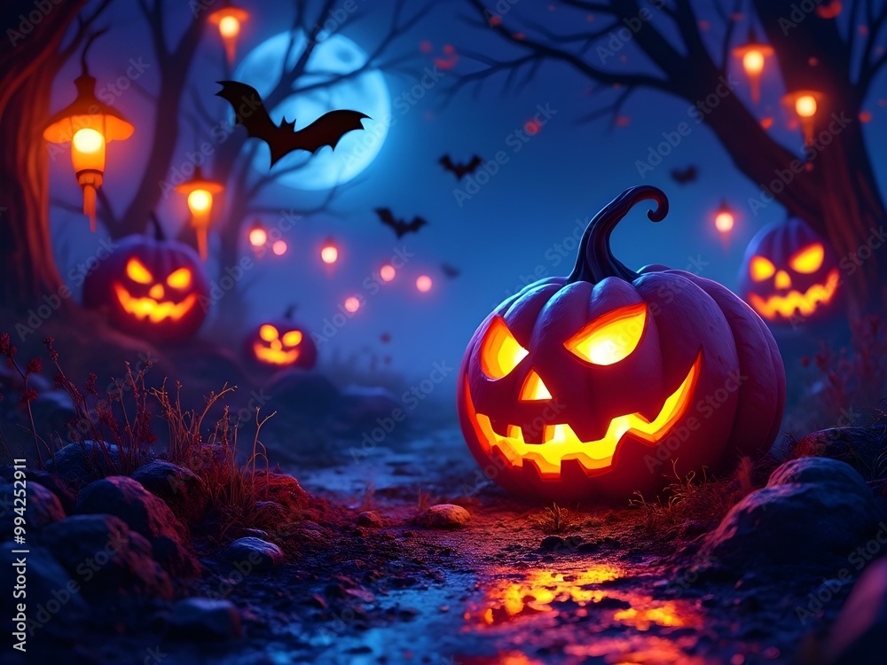 Glowing Jack-o'-Lanterns in a Foggy Moonlit Forest Glowing Jack-o'-Lanterns in a Foggy Moonlit Forest