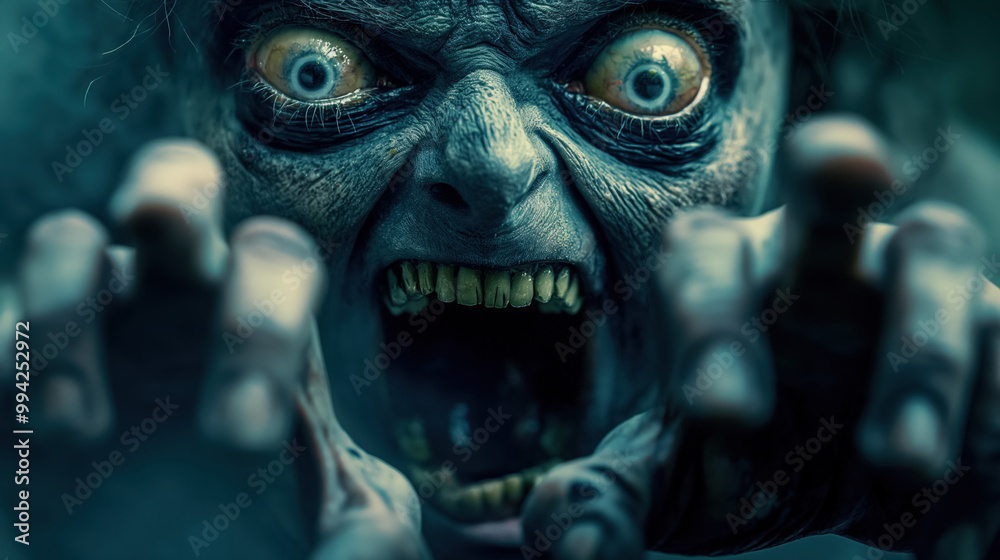 Zombie-like creature lunges forward with wide eyes and sharp teeth, expressing terror and aggression. Its decaying skin and intense gaze create a haunting, unsettling atmosphere. Zombie-like creature lunges forward with wide eyes and sharp teeth, expressing terror and aggression. Its decaying skin and intense gaze create a haunting, unsettling atmosphere.