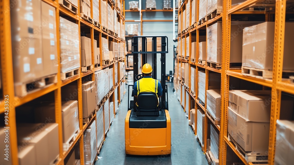 Forklift in a warehouse aisle surrounded by stacked cardboard boxes. Forklift in a warehouse aisle surrounded by stacked cardboard boxes.