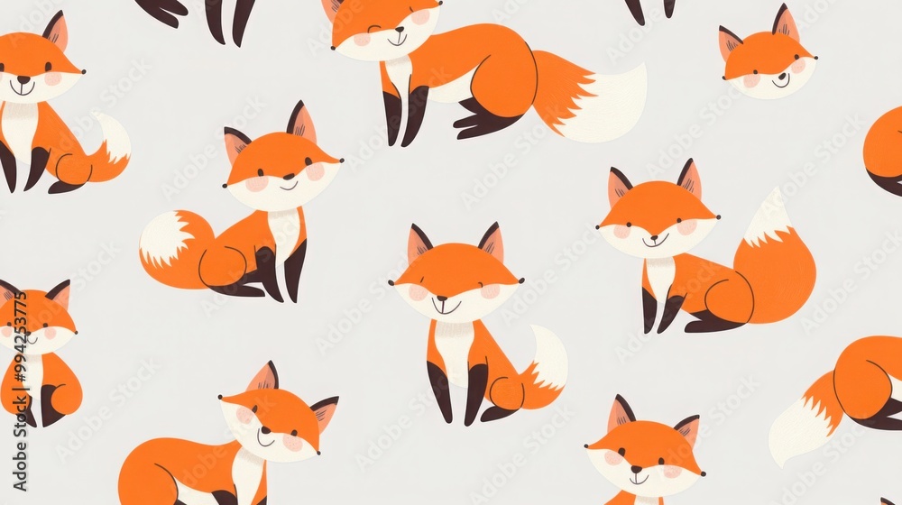 Fototapeta premium A pattern of foxes in various playful poses, with their iconic orange fur standing out against a light grey background