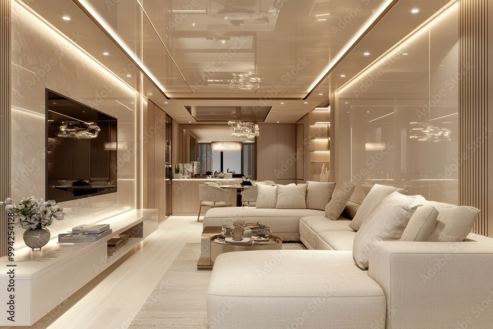 Fototapeta premium Modern design lifestyle luxury no one comfortable interior background table plant. Stock photo.