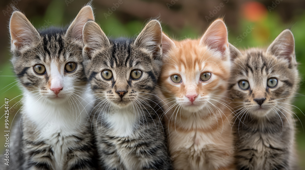 Four adorable kittens are lined up side by side, staring curiously at the camera. Their soft fur and big eyes highlight their playful innocence. Four adorable kittens are lined up side by side, staring curiously at the camera. Their soft fur and big eyes highlight their playful innocence.
