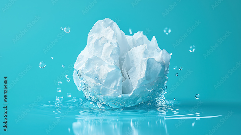 Fototapeta premium Crumpled piece of white paper splashes into clear water against a turquoise background. Droplets scatter in the air, captured in a moment of dynamic motion.