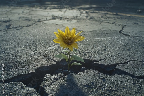 Stock image of a flower emerging from a crack in the asphalt, representing the resilience of nature. photo