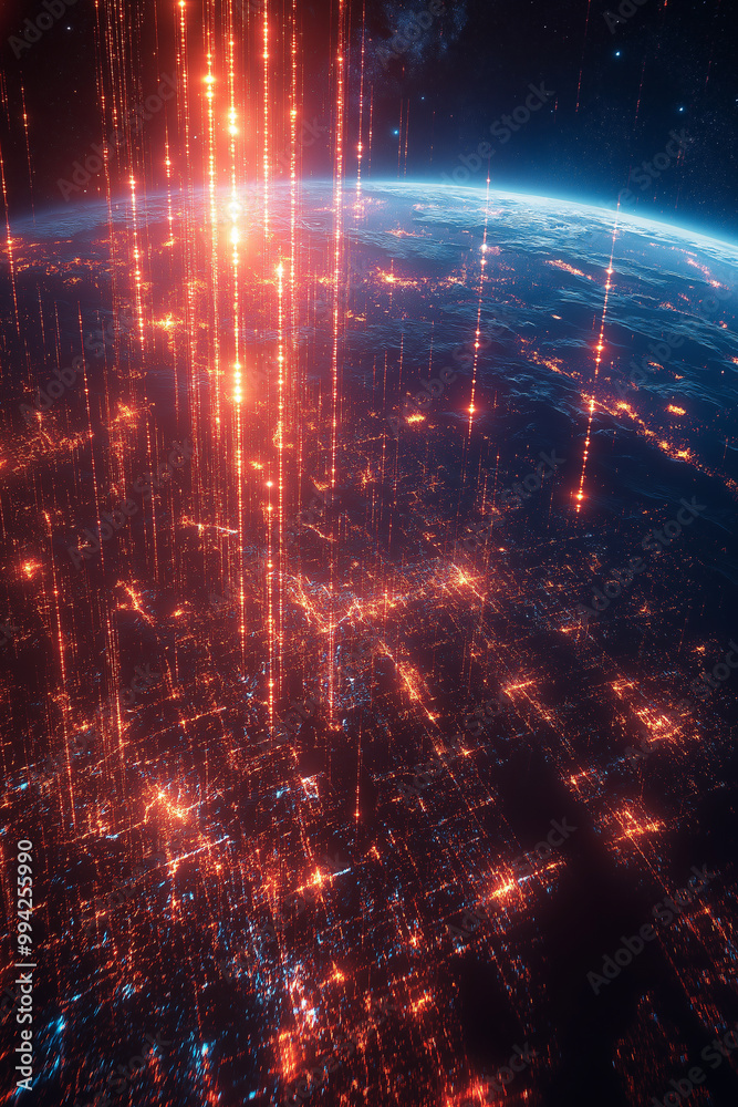 Fototapeta premium A planet with a city on it with a bright orange light