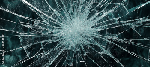 Shattered glass cracks and floating particles in the center of a broken window against a dark background