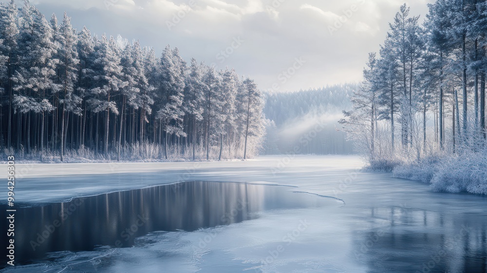 Frozen nature in winter, frozen lake and forest Frozen nature in winter, frozen lake and forest