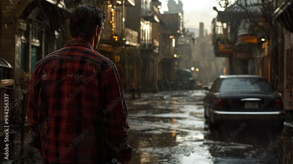 Man Walking Alone in the Rain on a City Street Man Walking Alone in the Rain on a City Street