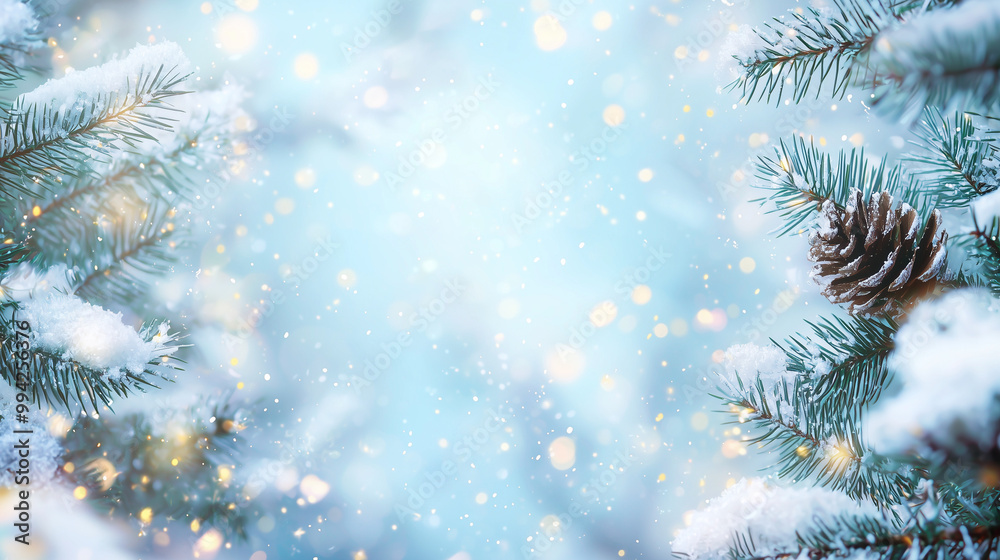 Snowy Christmas background. Snowy landscape of a tree with pine cone and bokeh blur background. Copy space, winter vacation postcard or banner. Snowy Christmas background. Snowy landscape of a tree with pine cone and bokeh blur background. Copy space, winter vacation postcard or banner.