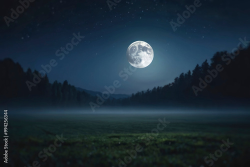 Brightly shining full moon in starry sky against backdrop of mountains and forest, atmospheric defocused background. Serene and calm night atmosphere. For digital art, wallpaper, artistic application