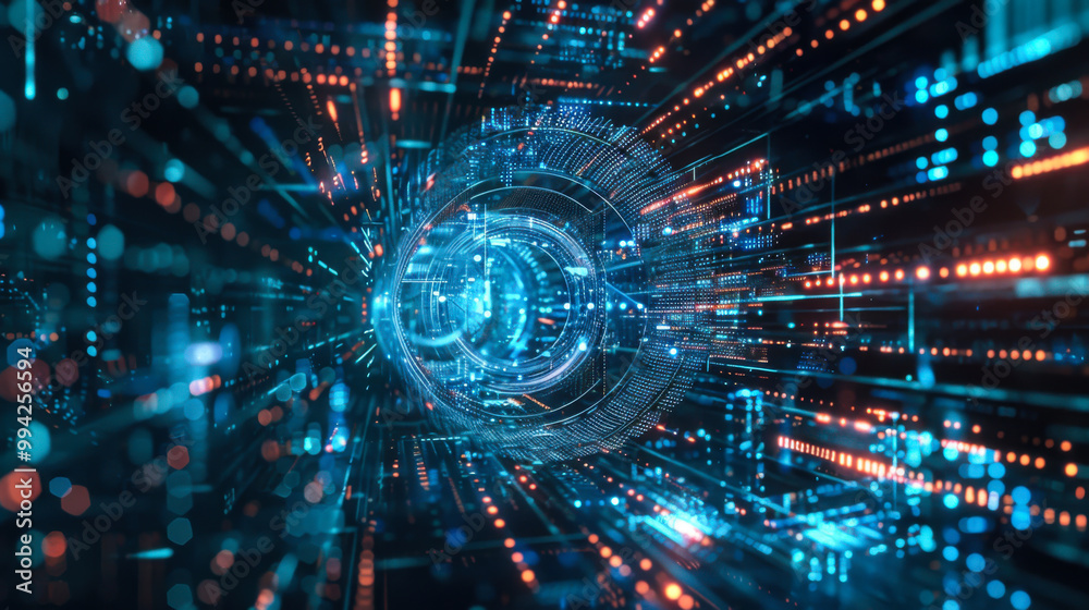 Obraz premium Futuristic abstract representation of a digital tunnel with vibrant blue and orange lights during a technology-inspired concept