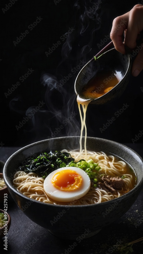 Preparing Udon Noodle Soup with Ladle and Broth Over Ingredients Preparing Udon Noodle Soup with Ladle and Broth Over Ingredients