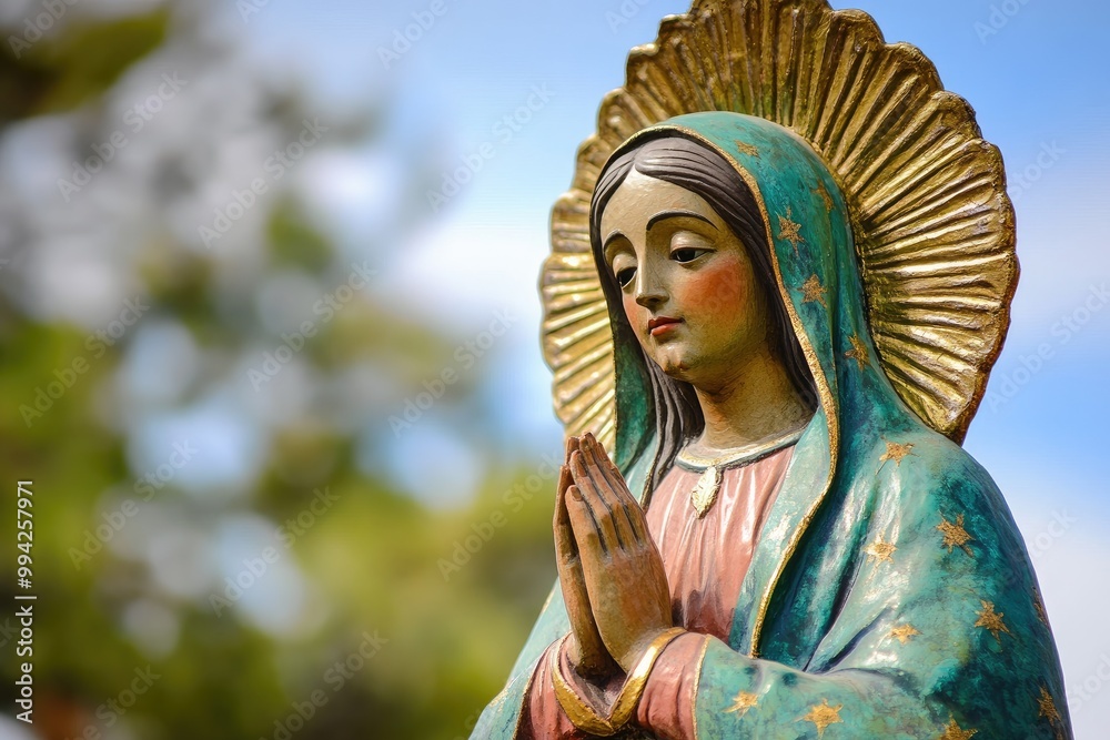 Statue of our lady of guadalupe praying in front of blurred background Statue of our lady of guadalupe praying in front of blurred background