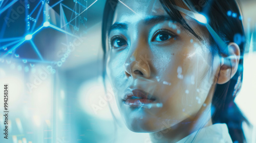 Wallpaper Mural A woman stares intently at holographic data in a contemporary workspace filled with high-tech elements. Torontodigital.ca