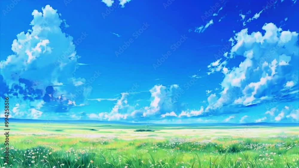Lo-fi of beautiful summer anime vibrant meadow filled with colorful wildflowers seasonal landscape hills and mountain, sky and clouds. Anime cartoon, Manga Anime style 4K Animation video