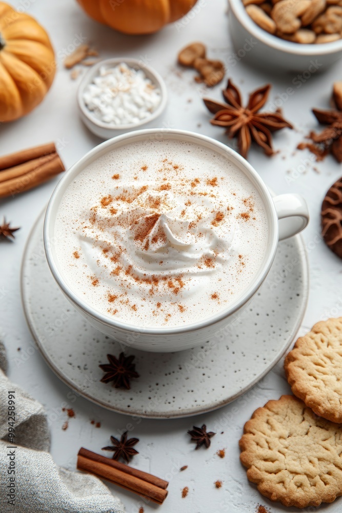 Steaming pumpkin spice latte surrounded by autumnal spices and treats Steaming pumpkin spice latte surrounded by autumnal spices and treats