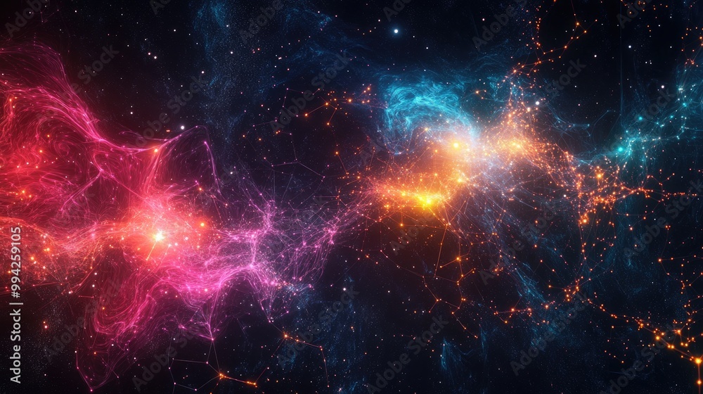 Obraz premium Beautiful and colorful digital network of glowing nodes and intricate connections, set against a starry cosmic background
