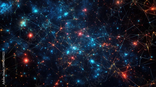 Beautiful and intricate digital network of glowing nodes, displayed against a starry cosmic background, creating a vibrant visual