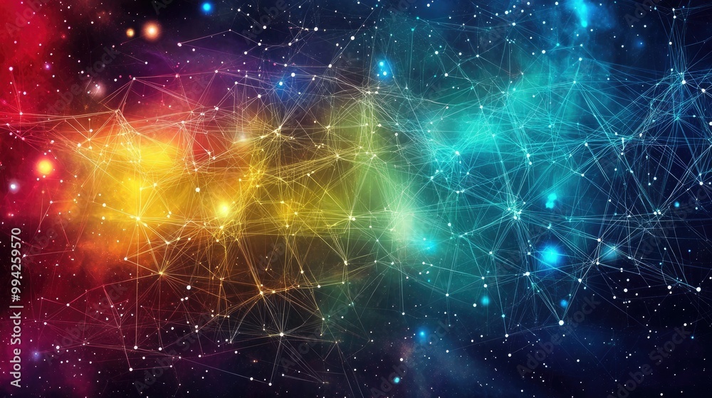 Fototapeta premium Colorful digital network with glowing nodes and detailed connections, set against a deep cosmic background filled with stars