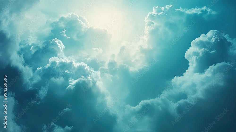 Fototapeta premium White fluffy cumulus clouds against blue sky. Weather conditions. Background of nature. Illustration for cover, postcard, interior design, banner, poster, brochure or presentation.
