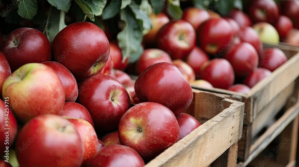 Wooden crates of apples of different varieties stand on the farmers' market counter. Agricultural produce. Fresh fruit. Natural background. Illustration for cover, poster, brochure, advertisement, etc Wooden crates of apples of different varieties stand on the farmers' market counter. Agricultural produce. Fresh fruit. Natural background. Illustration for cover, poster, brochure, advertisement, etc