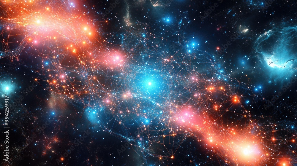 Stunning digital network with intricate glowing nodes, set on a cosmic background filled with stars, creating a vibrant visual Stunning digital network with intricate glowing nodes, set on a cosmic background filled with stars, creating a vibrant visual