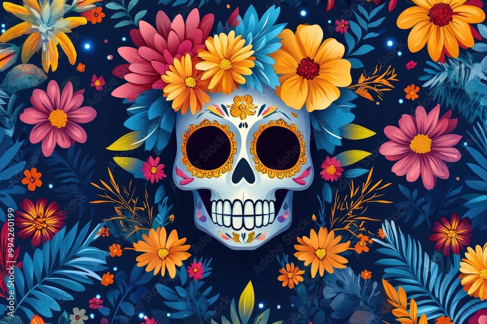 Sugar skull wearing a crown of colorful flowers for day of the dead celebration Sugar skull wearing a crown of colorful flowers for day of the dead celebration