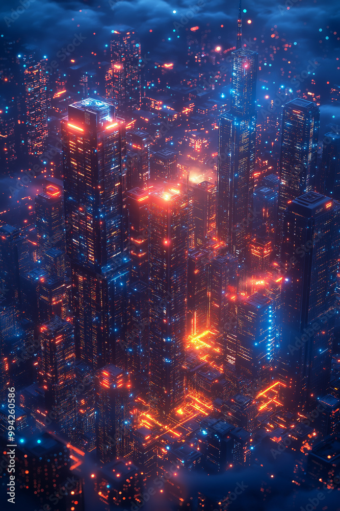 Fototapeta premium A cityscape with buildings lit up in neon colors