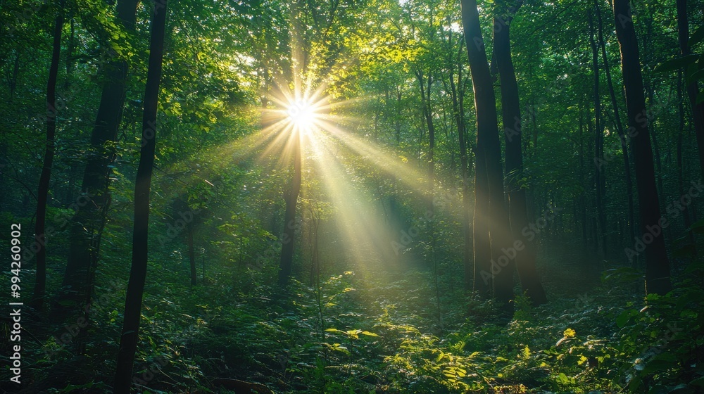 Obraz premium Sun shining through trees in lush green forest