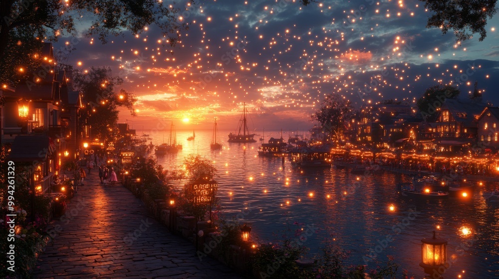 A Picturesque Harbor Town at Sunset with Floating Lanterns A Picturesque Harbor Town at Sunset with Floating Lanterns