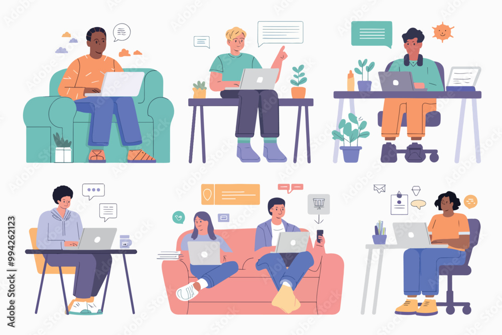 Diverse people working remotely, using laptops and smartphones, business and technology concept Diverse people working remotely, using laptops and smartphones, business and technology concept
