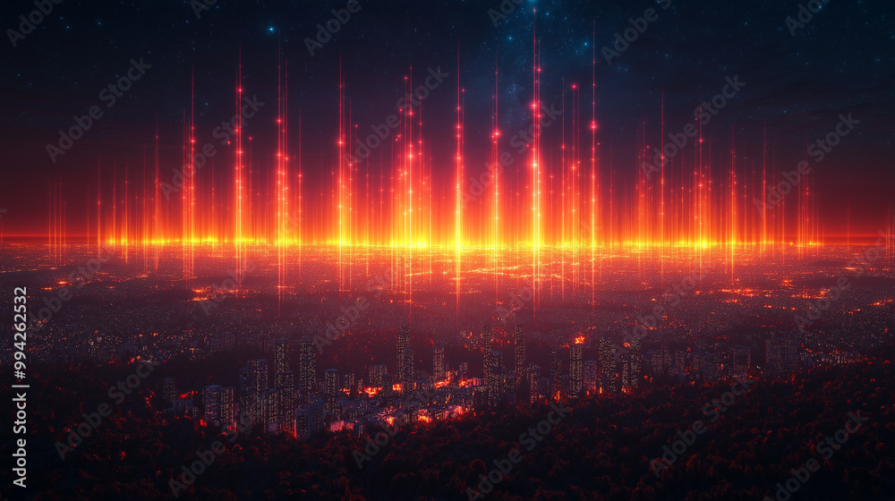 Obraz premium A cityscape with a red sky and orange lights