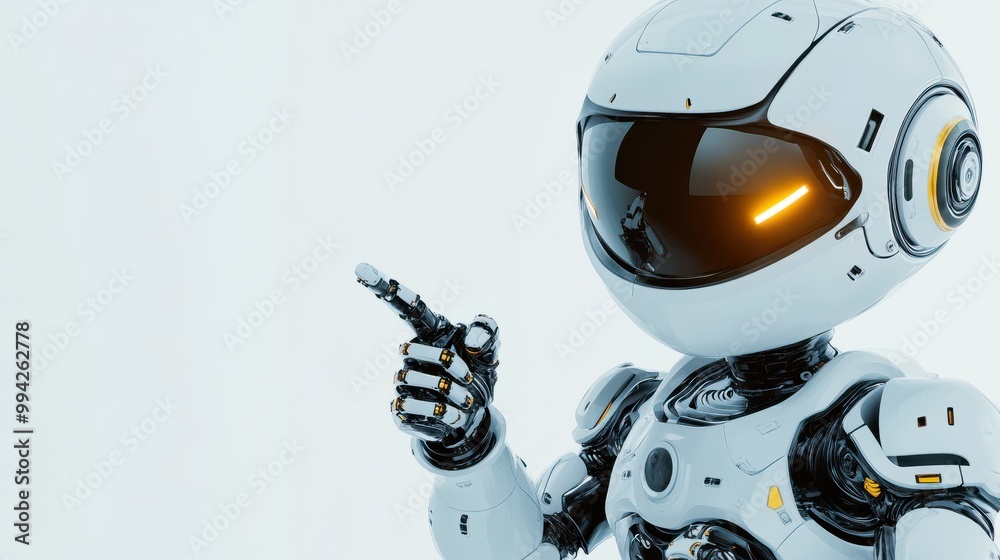 Positive cute robot pointing at a space. Copy space, ai generated Positive cute robot pointing at a space. Copy space, ai generated
