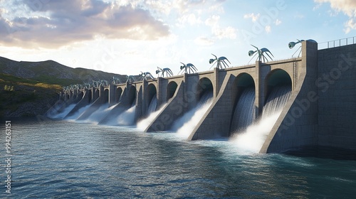 modern hydroelectric facility with a water storage dam and advanced propeller technology, generating clean and renewable energy efficiently photo