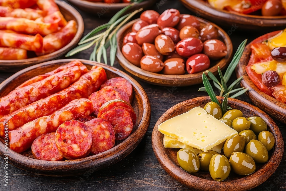 Close-up of tapas plates with a variety of Spanish bites olives, chorizo, manchego, arranged aesthetically, rustic and festive vibe, sharing concept