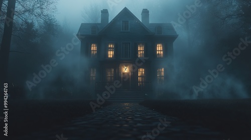 A spooky haunted house facade, with eerie lights, fog effects, and creepy sound effects enhancing the atmosphere photo