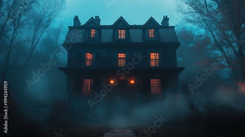 A spooky haunted house facade, with eerie lights, fog effects, and creepy sound effects enhancing the atmosphere photo