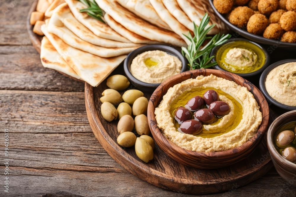 Rustic wooden table filled with Mediterranean mezze platters hummus, falafel, pita, olives, perfect for a communal gathering, earthy and casual vibe Rustic wooden table filled with Mediterranean mezze platters hummus, falafel, pita, olives, perfect for a communal gathering, earthy and casual vibe
