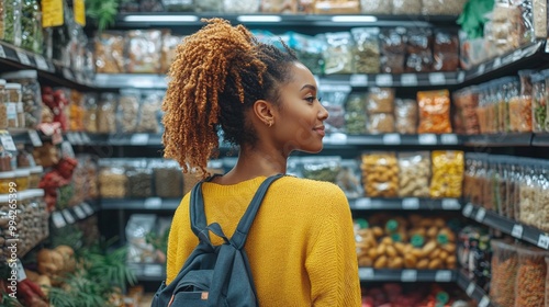 woman with a shopping cart full of organic groceries in an eco-friendly store promoting sustainable living and raising awareness for health and nutrition