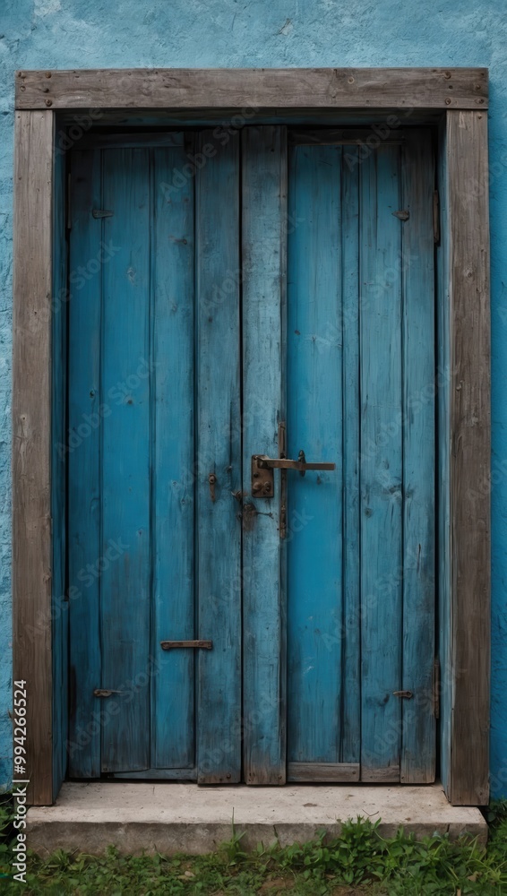 Blue wooden door with chipped paint revealing aged wood underneath, no people Blue wooden door with chipped paint revealing aged wood underneath, no people