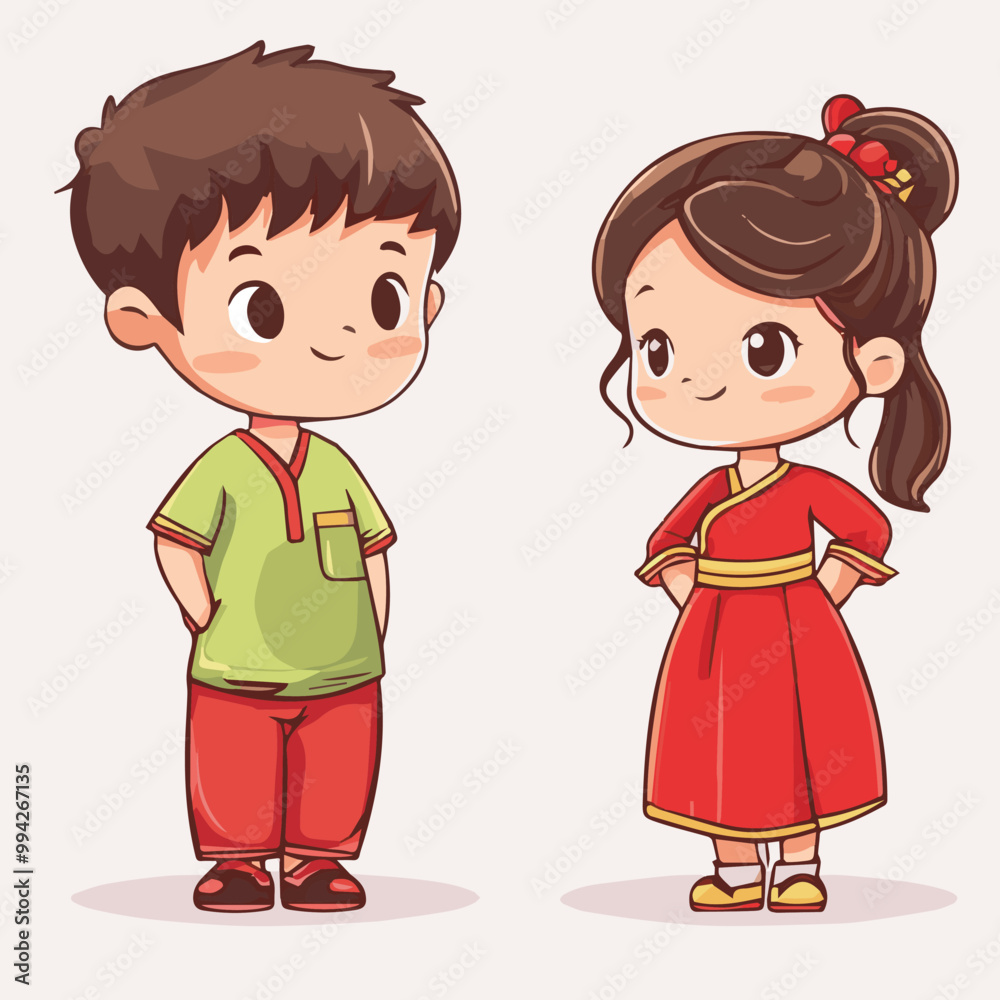 Illustrations of Cute young boys and girls in Chinese costumes