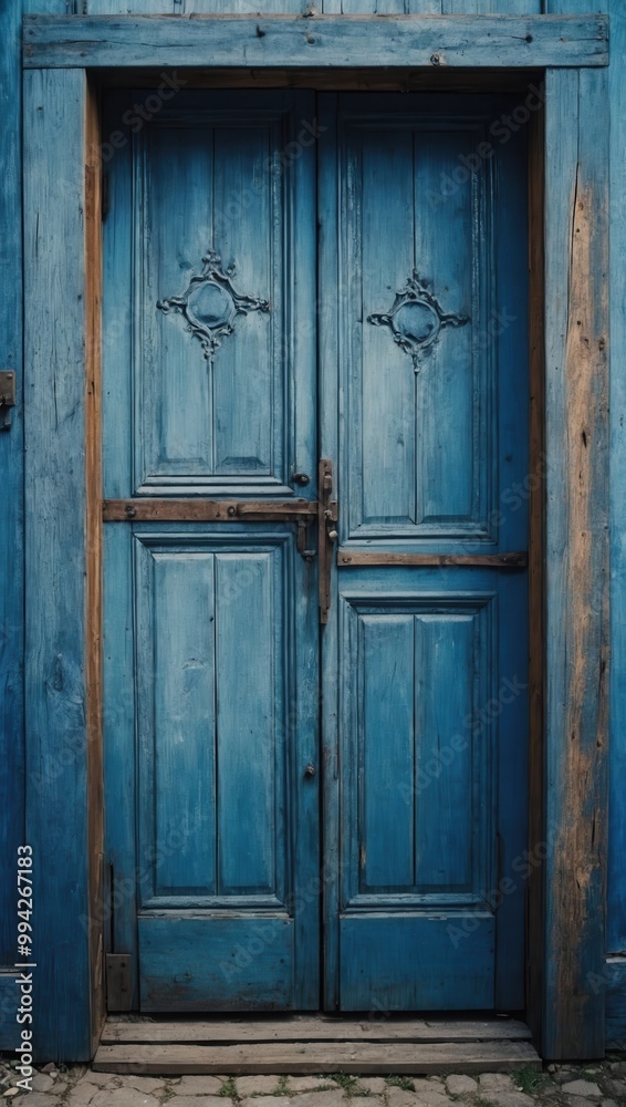 Ornate blue wooden door with small decorative design, showing signs of age Ornate blue wooden door with small decorative design, showing signs of age
