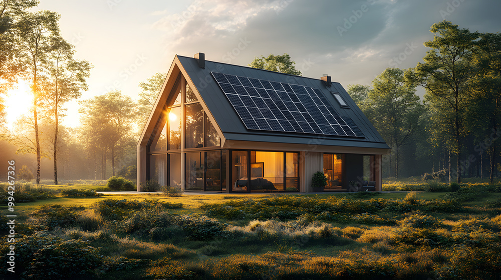 A Modern House with Solar Panels on the Roof Surrounded by Nature
A Modern House with Solar Panels on the Roof Surrounded by Nature