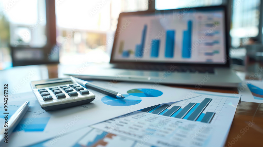 Business analysis with laptop, calculator, and financial reports on a desk during daytime in a modern office Business analysis with laptop, calculator, and financial reports on a desk during daytime in a modern office
