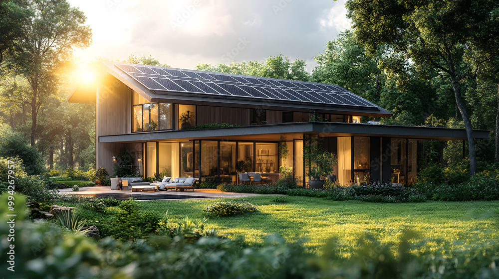 A Modern House with Solar Panels on the Roof Surrounded by Nature
A Modern House with Solar Panels on the Roof Surrounded by Nature