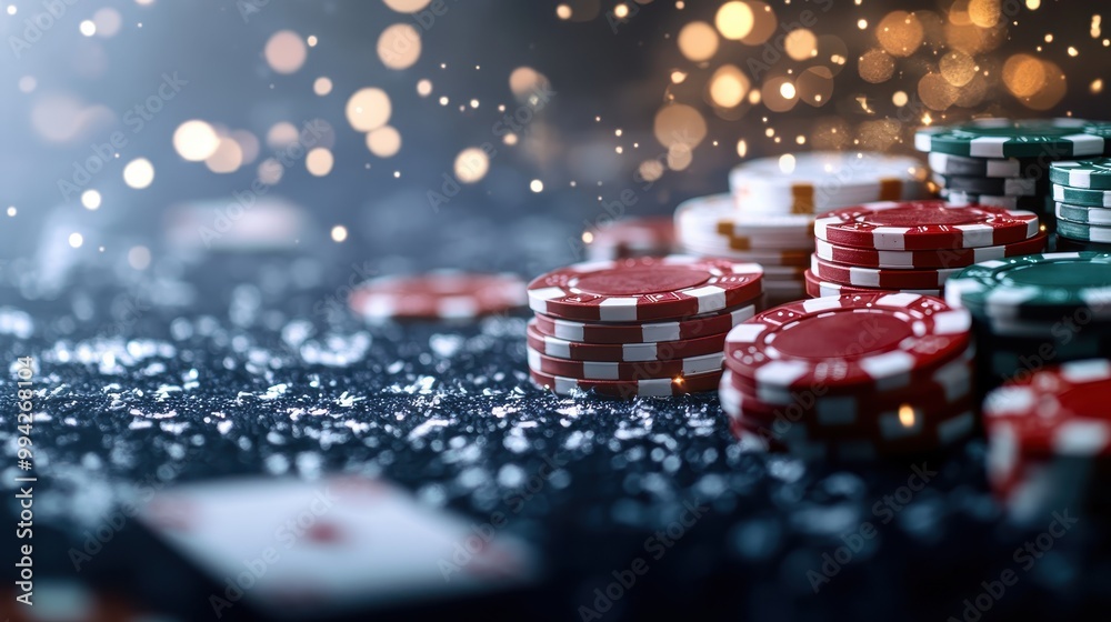 Casino chips in red, white, and green are scattered across a dark table surface, creating a vibrant contrast and capturing the essence of gambling excitement.