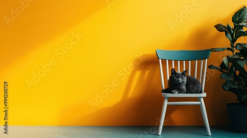 A serene gray cat reclining on a blue chair, which is set against a bright yellow wall. The combination of colors and the cat's relaxed demeanor create a tranquil and modern scene. photo