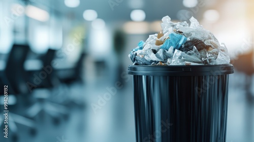 A trash bin brimming with plastics, prominently displayed in a modern office, emphasizing the plastic waste generated in daily office life. The scene speaks to contemporary environmental concerns. photo